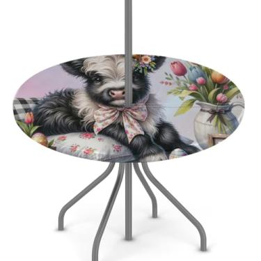 Imagem de hongjinglin Toalha de mesa de Páscoa para uso ao ar livre com orifício para guarda-chuva, toalha de mesa redonda elástica com zíper, impermeável, limpável, para piquenique, festa, pátio, serve para