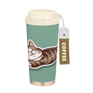 Imagem de SEHANY Caneca de viagem de gato gatinho fofo de 482 g xícaras de café reutilizáveis revestidas de cerâmica com tampa à prova de vazamento, parede dupla, isolamento a vácuo, copo de café de aço