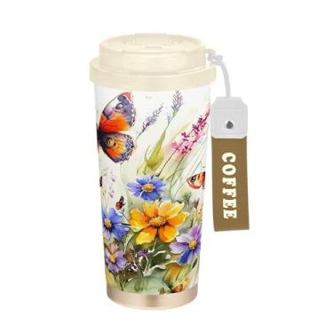 Imagem de SEHANY Caneca de viagem borboleta e flores de 482 ml Copos de café reutilizáveis revestidos de cerâmica com tampa à prova de vazamento, parede dupla, isolamento a vácuo, copo de café de aço inoxidável