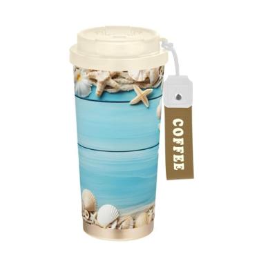 Imagem de SEHANY Caneca de viagem Summer Sea Beach Starfish 482 g Copos de café reutilizáveis revestidos de cerâmica com tampa à prova de vazamento, parede dupla, isolamento a vácuo, copo de café de aço
