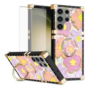 Imagem de Asuwish Capa de celular para Samsung Galaxy S23 Ultra 5G capa magnética com protetor de tela de vidro temperado e anel de flor de pintura suporte rígido S23Ultra 23S S 23 23Ultra 17.3 cm feminino