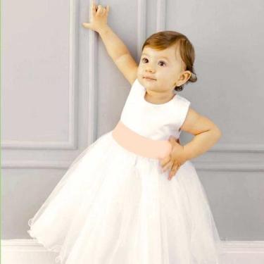 Imagem de Vestido Infantil Longo Branco Faixa ROSA PESSEGO NUDE REF4072 - Só Mar