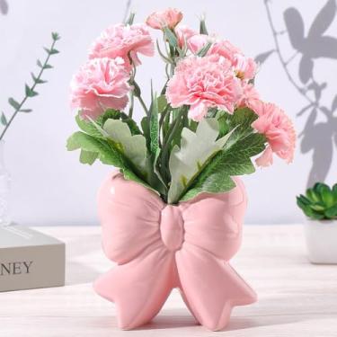 Imagem de CREATCABIN Vaso de cerâmica coquete rosa organizador de pincéis de maquiagem rosa suporte de caneta decorativo contemporâneo para mesa de flores casa escritório casamento sala de estar decoração