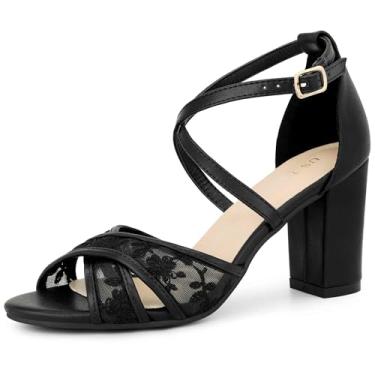 Imagem de Perphy Sandália de renda com tira cruzada, salto aberto, bico aberto, salto alto, sandálias femininas, Preto, 40