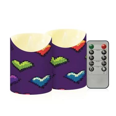 Imagem de Wassud Pacote com 2 velas de corações pixelados arco-íris sem chama com controle remoto, velas realistas cintilantes com temporizador, velas decorativas para Natal, casamento, festa, decoração de casa
