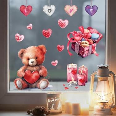 Imagem de 1 folha de adesivos de janela de dia dos namorados para vidro amor coração urso janela adesivos bonitos urso coração caixa de presente decalques de janela dupla face para decoração de casa aniversário