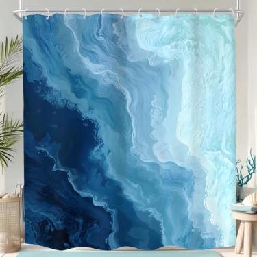 Imagem de KOMLLEX Cortina de chuveiro azul azul-petróleo onda do oceano para decoração de banheiro 182 cm L L x 192 cm abstrata mar náutico praia moderna litoral minimalista Havaí natureza tecido impermeável