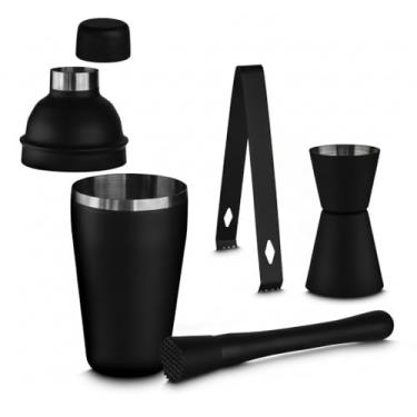 Imagem de Conjunto Coqueteleira Inox Preta Profissional Com Dosador, Socador e Pinça