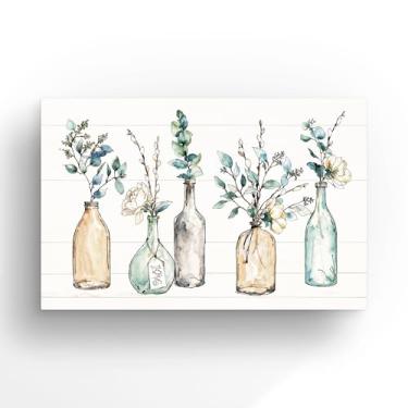 Imagem de Arte em Aquarela Decorativa, Garrafas Vintage com Flores em Tons Azuis e Bege, Impressão em Canvas, 90x60 cm