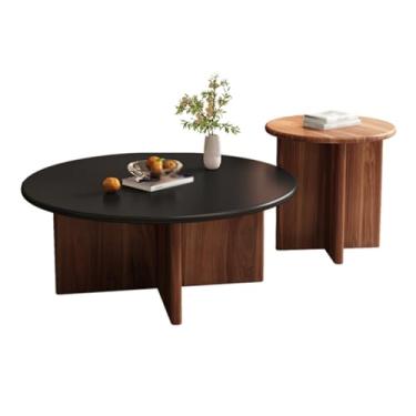 Imagem de Simple Modern Round Coffee Table set of 2, Wooden/glass Tabletop, Solid Wood Base, Cross-shaped Legs, Rounded Corners, Suitable for Living Room(E)