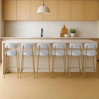 Imagem de Banqueta Cozinha Média Com Encosto Industrial Dourado Kit 6 Londres Pu Branco D03 - D`rossi