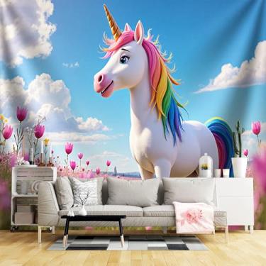 Imagem de Murais de parede de tamanho personalizado, cauda de juba arco-íris, tecido de parede autoadesivo de unicórnio (SEM PVC) Papel de parede grande removível para sala de estar, quarto, escritório
