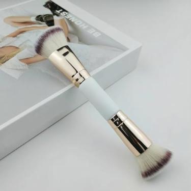 Imagem de Pincel de maquiagem de ouro rosa com cabo branco, creme e pó, pincel de rosto dois em um, cerdas de fibra sintética