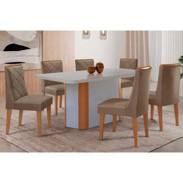 Imagem de Sala Jantar Mesa Pietá Tampo c/ Vidro Curvo 180cm+6 Cadeiras Pietá Naturale/Off White - Suede Capuccino - Rufato