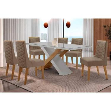 Imagem de Sala Jantar Mesa Imperatriz Tampo c/ Vidro Curvo 180cm+6 Cadeiras Dafne Madeira Naturale/Off White - Capuccino/Suede Capuccino - Rufato