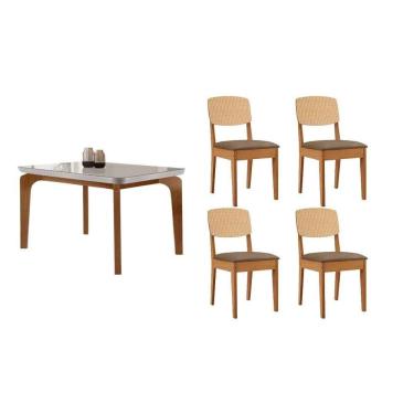 Imagem de Sala Jantar Mesa Londrina Tampo c/ Vidro Curvo 120cm+4 Cadeiras Havana Naturale/Off White - Suede Capuccino - Rufato