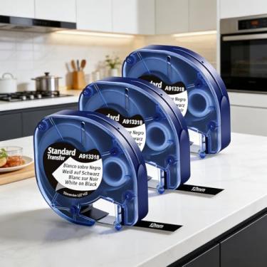 Imagem de Substituição de fita de etiqueta branca de plástico 12 mm x 4 m (0,47" x 13') compatível com Dymo LT-100H LT-100T 200B Home Label Maker Refils, A913318, pacote com 3, preto