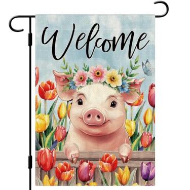 Imagem de DLZDN Welcome Spring Pig Bandeira de jardim floral 30,5 x 45,7 cm, dupla face, serapilheira, vertical, quintal, sinalização sazonal, decoração ao ar livre