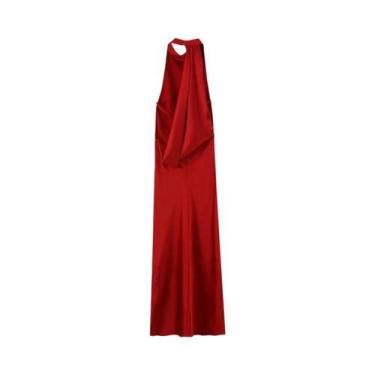 Imagem de Vestido Maxi Vermelho Com Decote Halter Sem Mangas Em Cetim Elegante P
