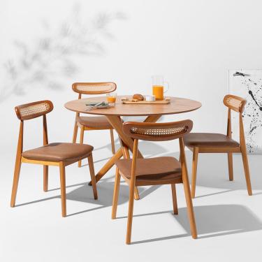 Imagem de Conjunto Mesa de Jantar Thai Redonda Carvalho Americano -1,20m + 4 Cadeiras Dalí Palha Larga PU - Cognac