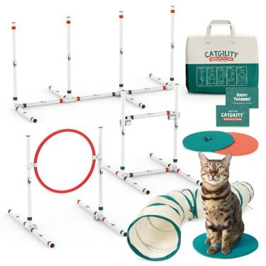 Imagem de ALBERT & MIA CATGILITY Cat Agility Equipment + Clicker Trainer Guide – Curso de agilidade para exercícios – Saltar obstáculos e aro, túnel (treinamento de cães e gatos pequenos) Curso de obstáculos de