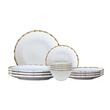 Imagem de Jogo 12 Pratos Raso 12 Fundos 12 Sobremesa 12 Bowls Borda Bambu Cerâmica 1ª Linha Scalla