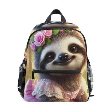 Imagem de GAIGEO Cute Sloth Princess Floral Backpacks for Kids Boys Mini Backpack with Front Pocket, Safety Whistle for Ages 3-8