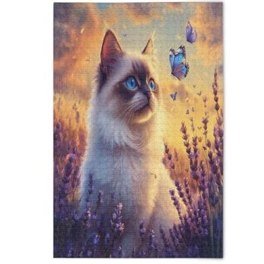 Imagem de Cute Cartoon Cat Floral Purple Jigsaw Puzzle for Adults 500 Pieces White Elephant Gifts Funny Men Gifts Creative Flower Animal Painting, 500 Pieces, 20.5" x 14.9"