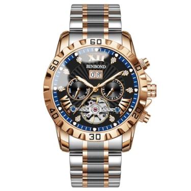 Imagem de DoniRudy Relógio masculino cronógrafo automático, relógio de pulso de aço inoxidável dourado de 45 mm com ponteiros luminosos, mostrador de data, resistente à água até 30 m, Preto, azul