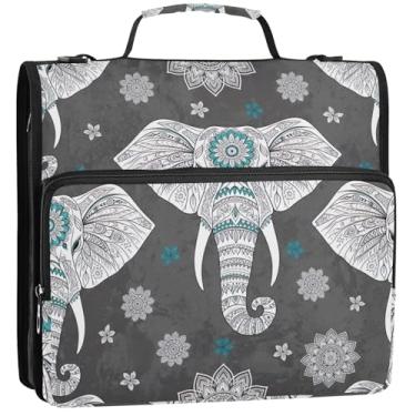 Imagem de Organizador de fichário com zíper para documentos, 3 fichários de 3,8 cm, anel de mandala, mandala de elefante, paisley, branco, estojo com alça para fichários escolares com alça de ombro, 34,5 x 31,5