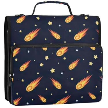 Imagem de Organizador de fichários com zíper grande, 3 anéis, 3 anéis, desenho animado, meteoros, trilhas, portfólio espacial, comporta 500 folhas, bolsa para fichário de ensino médio com alça, 34,5 x 31,5 x 9