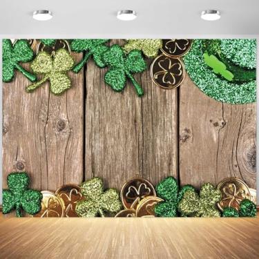 Imagem de 3 x 2,4 m Feliz Dia de São Patrício Pano de Fundo Dourado Trevo da Sorte Trevo da Sorte Fundo Fotográfico Dia de São Patrício Decorações de Aniversário Banner Foto Studio Adereços