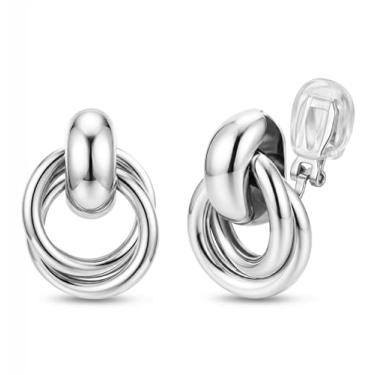 Imagem de ORAZIO Brincos femininos com clipe geométrico, exclusivos, não perfurados, banhado a ouro 14 quilates, nó grosso, brincos de argola com pingente de argola para mulheres, modernos, Cobre, Sem pedra