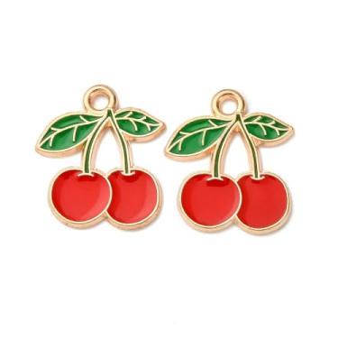 Imagem de Ornazy 100 peças 20 x 15 mm amuletos planos em forma de cereja esmalte vermelho enfeites de frutas cereja para fazer joias, bolsa faça você mesmo, decoração de chaveiro
