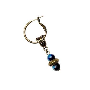 Imagem de Brinco masculino com pedra preciosa olho de tigre azul e índio nativo americano - argola estilo pirata único - brinco masculino punk único - joia masculina estilo hippie