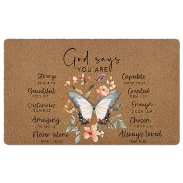 Imagem de huester Tapete de porta de boas-vindas cristão, God Says You are Bible Versículo Religioso Borboleta Decorativa Casa Interior Exterior Varanda Entrada Externa Capacho de Boas-vindas, 43 x 76 cm