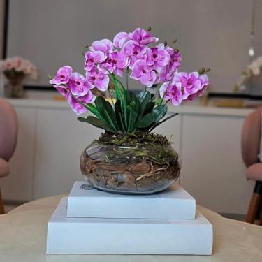 Imagem de Arranjo de Orquídea Artificial em Vaso de Vidro Decorativo para Sala, Lavabo e Escritório(Roxo Claro)