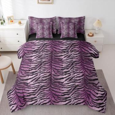Imagem de Erosebridal Jogo de cama casal com estampa de tigre (roxo gradiente) para crianças e adultos | Conjunto de edredom com estampa de animais selvagens, safári, tigre e lençol com estampa de pele