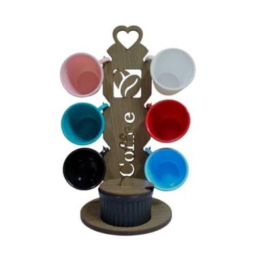 Imagem de Suporte para 6 Xícaras com Açucareiro – Madeira MDF, Organizador de Cozinha para Cantinho do Café, Ideal para Armazenamento e Decoração Doméstica (S/MARROM C/6 XC. CL - R/PT)