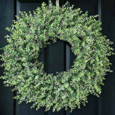Imagem de Guirlanda de eucalipto de 81 cm para porta da frente - Grandes folhas artificiais de eucalipto com sementes brancas, guirlanda de vegetação ao ar livre para varanda, janela, casa de fazenda, casa