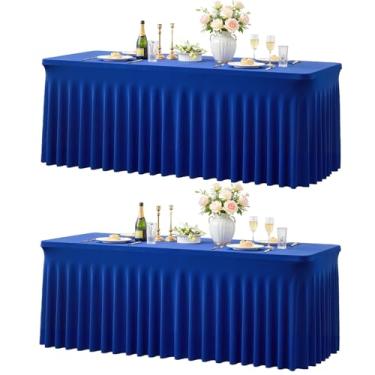 Imagem de Toalha de mesa azul royal para mesas retangulares de 1,8 m, capa de mesa elástica de elastano com saia para chá de bebê, festa de aniversário, banquete, babados, toalha de mesa de casamento, saia de