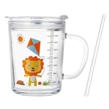 Imagem de Fzy.bstim Copo de canudo infantil com tampa e alça, copo de vidro fofo de 340 g com balança para água, chá, leite e café (leão)