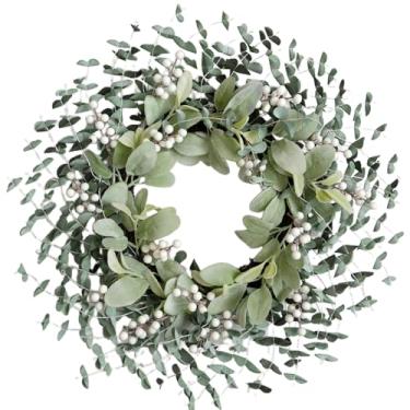 Imagem de Bibelot Guirlanda de buxo com folhas verdes para porta da frente, guirlanda verde de 55 cm com bagas brancas e orelhas de cordeiro, guirlandas para todas as estações para decoração de interiores e