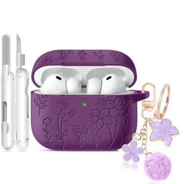 Imagem de Capa para Airpods Pro 3, capa com gravação floral compatível com AirPods Pro 3ª geração 2025, capas de silicone macio com chaveiro fofo e limpador para mulheres femininas, à prova de choque