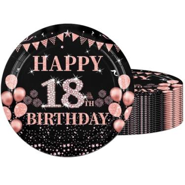 Imagem de Cekivina 20 peças de pratos de aniversário de 18 cm, ouro rosa preto, conjunto de pratos de festa de 18 anos, decorações de aniversário, pratos de sobremesa, artigos modernos de festa para