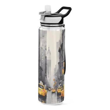 Imagem de Burbuja Garrafa de água Street Scene de 940 ml com tampa de palha, à prova de vazamento e livre de BPA para academia, esportes ao ar livre