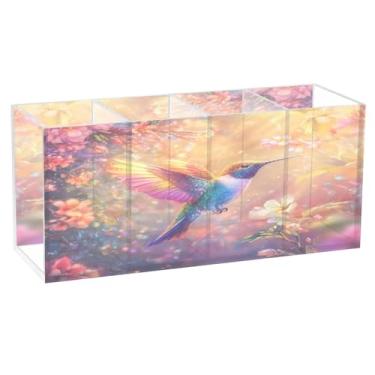 Imagem de Burbuja Suporte de caneta de acrílico Spring Bird com 4 compartimentos, suporte de lápis transparente para pincéis de maquiagem, acessórios de mesa de escritório em casa