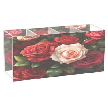 Imagem de Burbuja Porta-canetas de acrílico Roses, 4 compartimentos, suporte de lápis transparente para pincéis de maquiagem fixos, acessórios de mesa de escritório em casa
