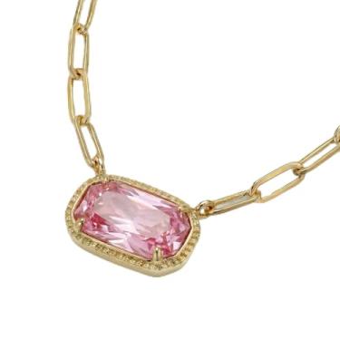 Imagem de DEPHINI Colar com pingente feminino – Colar com clipe de papel banhado a ouro 18 K com zircônia cúbica de corte esmeralda rosa – Presente moderno para ela, Small, Metal, Zircônia cúbica