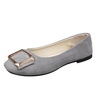 Imagem de Tênis feminino casual cor doce com fivela decorativa e bico quadrado tamanho grande para trabalho e dia a dia, Cinza, 35